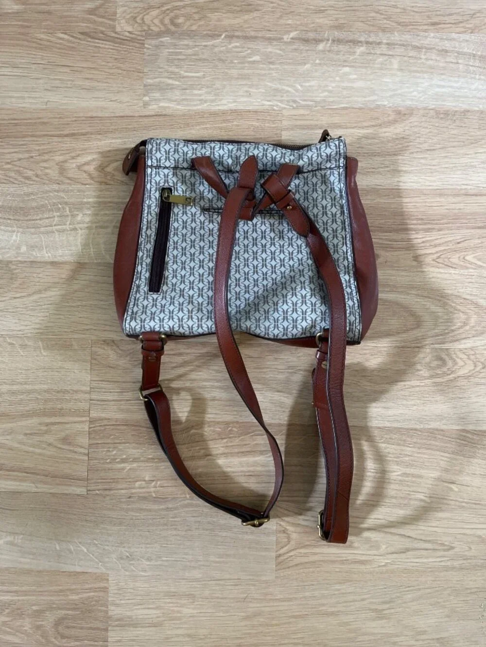 Fossil Elina Convertible Backpack Tan Cream Monogram Pattern With Floral Accents